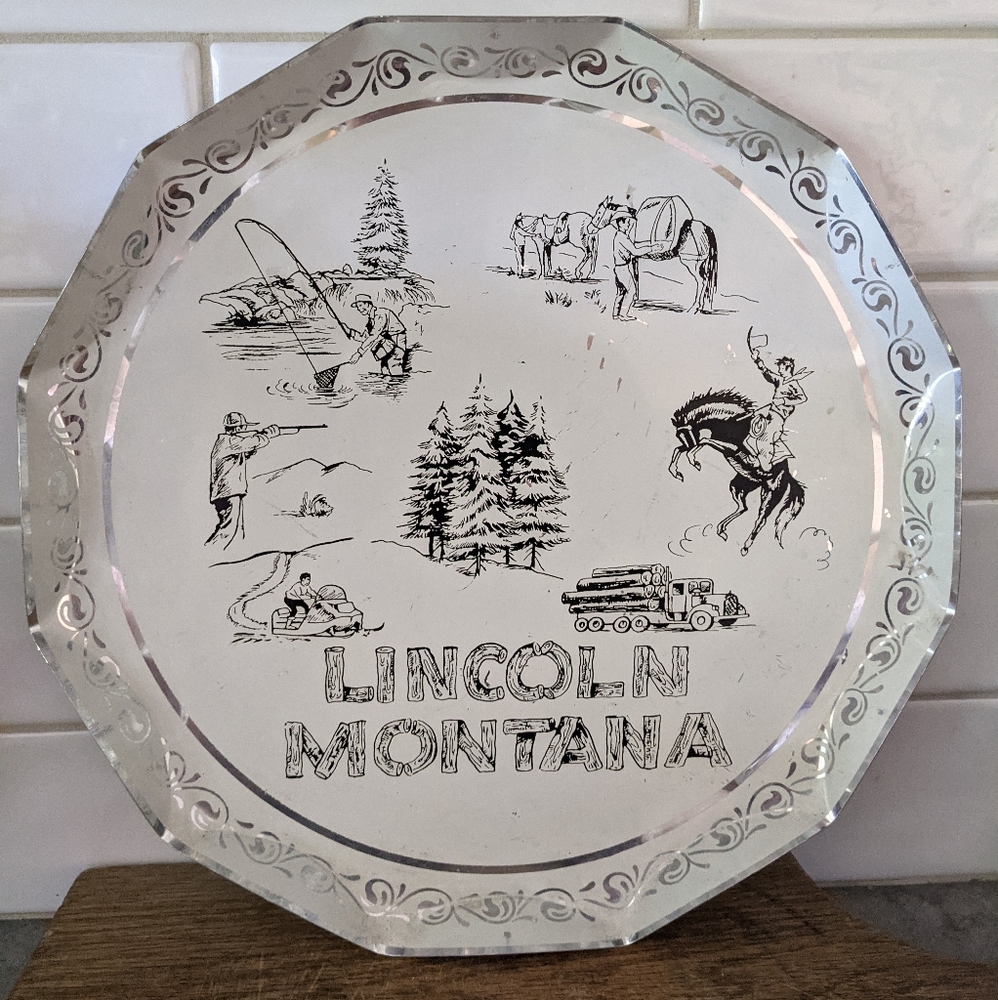 Vintage Lincoln, Montana aluminium round platter